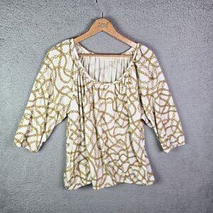 Michael Michael Kors Blouse Cream Gold Chain Print 2X Workwear 3/4 Sleeve Modal